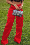 Red Casual Street Solid Patchwork Pocket High Waist Straight Solid Color Bottoms