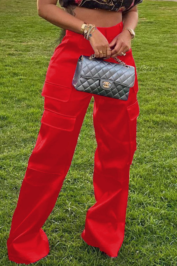 Red Casual Street Solid Patchwork Pocket High Waist Straight Solid Color Bottoms