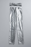 Silver Sexy Solid Backless Strapless Sleeveless Two Pieces