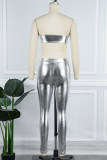 Silver Sexy Solid Backless Strapless Sleeveless Two Pieces