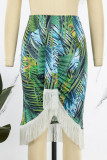 Green Casual Print Tassel Patchwork Skinny High Waist Conventional Patchwork Skirts