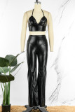 Black Sexy Casual Solid Hollowed Out Backless Halter Sleeveless Two Pieces