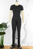 Black Casual Sportswear Solid Basic O Neck Short Sleeve Two Pieces