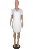 White Casual Solid Basic V Neck Short Sleeve Dress