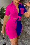 Blue Casual Patchwork Contrast Shirt Collar Short Sleeve Two Pieces
