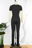 Black Casual Sportswear Solid Basic O Neck Short Sleeve Two Pieces