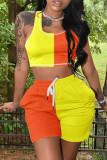 Yellow Blue Casual Sportswear Solid Patchwork U Neck Sleeveless Two Pieces
