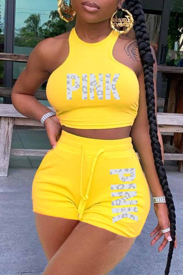 Yellow Casual Print Letter Sleeveless Two Pieces