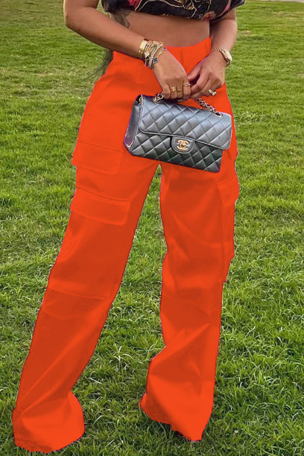 Tangerine Red Casual Street Solid Patchwork Pocket High Waist Straight Solid Color Bottoms