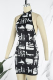 Black Sexy Print Backless Halter Sleeveless Dress Dresses