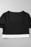 Pink Casual Sportswear Patchwork Contrast O Neck Short Sleeve Two Pieces