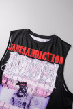 Black Casual Print Bandage O Neck Tops