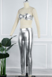 Silver Sexy Solid Backless Strapless Sleeveless Two Pieces