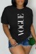 Black Casual Print Letter O Neck T-Shirts