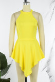 Yellow Sexy Casual Solid Hollowed Out Backless Asymmetrical O Neck Skinny Romper