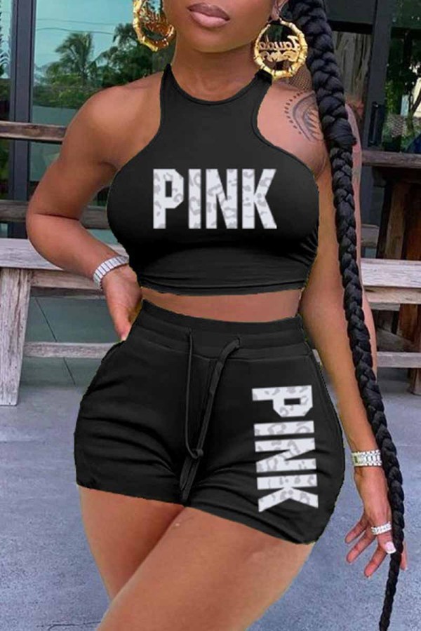 Black Casual Print Letter Sleeveless Two Pieces