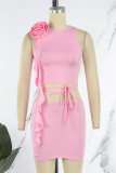 Pink Sexy Solid Bandage Patchwork O Neck Sleeveless Two Pieces