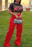 Red Casual Street Solid Patchwork Pocket High Waist Straight Solid Color Bottoms