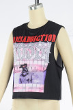 Black Casual Print Bandage O Neck Tops
