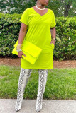 Fluorescent Green Casual Solid Basic V Neck Short Sleeve Dress