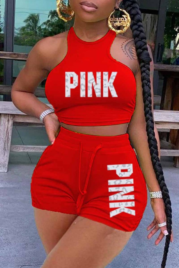 Red Casual Print Letter Sleeveless Two Pieces