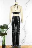 Black Sexy Casual Solid Hollowed Out Backless Halter Sleeveless Two Pieces