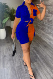 Blue Casual Patchwork Contrast Shirt Collar Short Sleeve Two Pieces