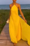 Yellow Sexy Casual Solid Backless Halter Long Dress Dresses