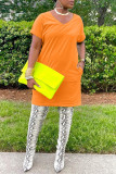 Orange Casual Solid Basic V Neck Short Sleeve Dress