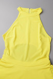 Yellow Sexy Casual Solid Hollowed Out Backless Asymmetrical O Neck Skinny Romper