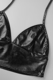 Black Sexy Casual Solid Hollowed Out Backless Halter Sleeveless Two Pieces