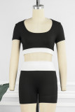 Pink Casual Sportswear Patchwork Contrast O Neck Short Sleeve Two Pieces