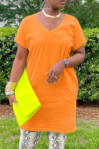 Orange Casual Solid Basic V Neck Short Sleeve Dress