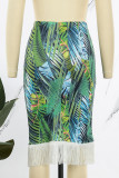 Green Casual Print Tassel Patchwork Skinny High Waist Conventional Patchwork Skirts