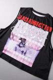 Black Casual Print Bandage O Neck Tops