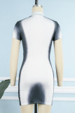 Blue Casual Print Basic Half A Turtleneck Short Sleeve Dress