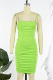 Green Sexy Casual Solid Backless Fold Spaghetti Strap Wrapped Skirt Dresses
