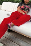 Red Casual Street Solid Patchwork Pocket High Waist Straight Solid Color Bottoms