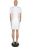 White Casual Solid Basic V Neck Short Sleeve Dress