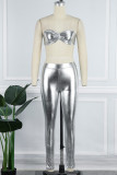 Silver Sexy Solid Backless Strapless Sleeveless Two Pieces