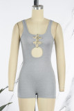 Black Sexy Casual Solid Hollowed Out Backless U Neck Skinny Romper