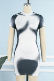 Blue Casual Print Basic Half A Turtleneck Short Sleeve Dress
