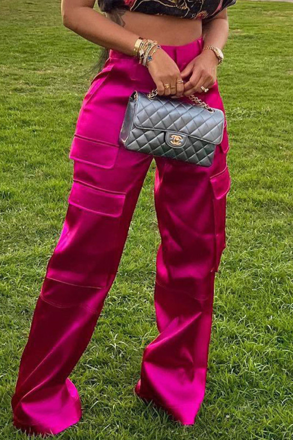 Rose Red Casual Street Solid Patchwork Pocket High Waist Straight Solid Color Bottoms