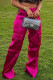 Rose Red Casual Street Solid Patchwork Pocket High Waist Straight Solid Color Bottoms