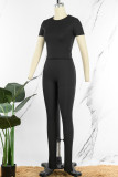 Black Casual Sportswear Solid Basic O Neck Short Sleeve Two Pieces