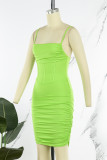 Green Sexy Casual Solid Backless Fold Spaghetti Strap Wrapped Skirt Dresses