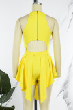 Yellow Sexy Casual Solid Hollowed Out Backless Asymmetrical O Neck Skinny Romper