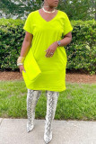 Fluorescent Green Casual Solid Basic V Neck Short Sleeve Dress