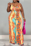 Orange Casual Print Backless Spaghetti Strap Regular Jumpsuits