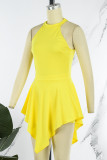 Yellow Sexy Casual Solid Hollowed Out Backless Asymmetrical O Neck Skinny Romper